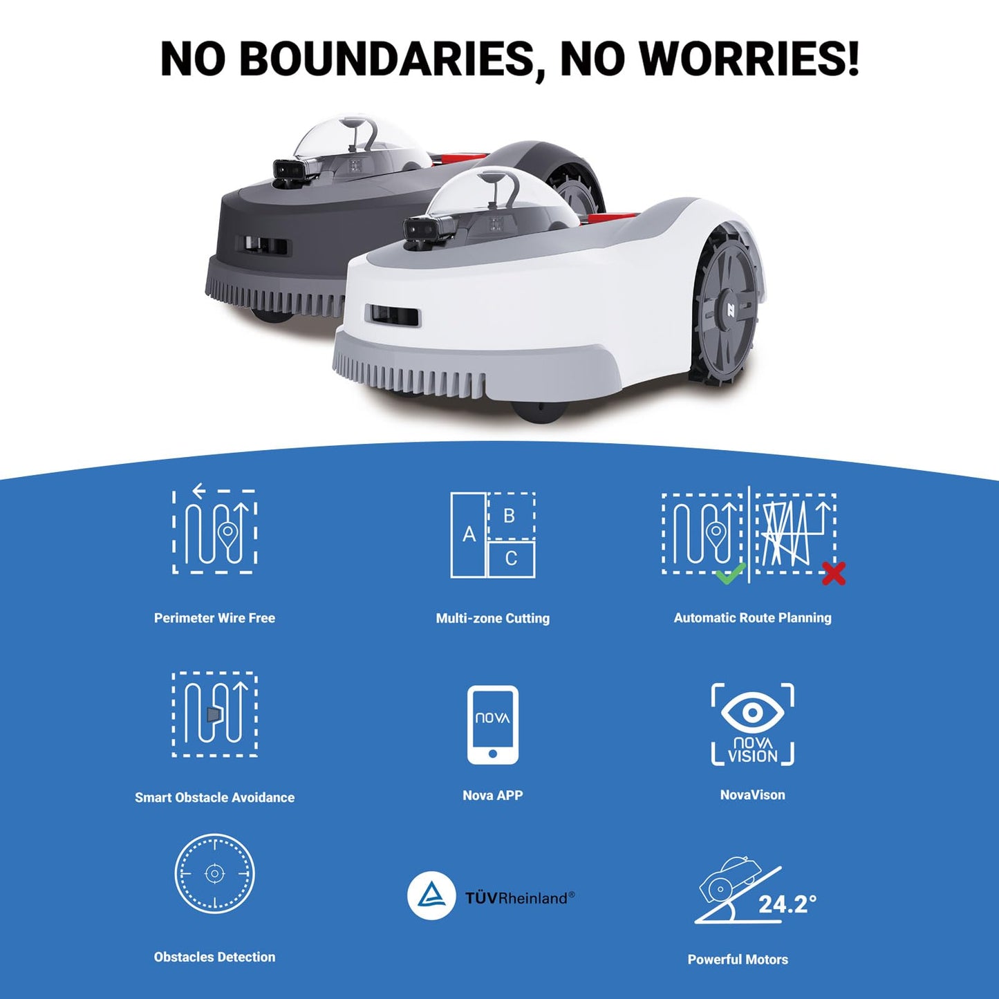 NOVABOT N2000 Robot Lawn Mower Perimeter Wire Free RTK+TOF+Vision Robotic Lawn Mower for 1.50 Acres Cut Height 0.8"-3.5" Adjustable APP Control AI-Assisted Mapping Virtual Boundaries Multi-Zone
